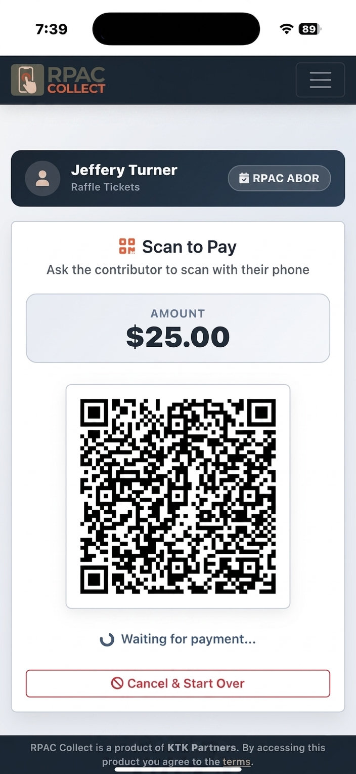RPAC Collect — Scan to Pay screen, showing a contributor, a $25.00 amount, and a QR code